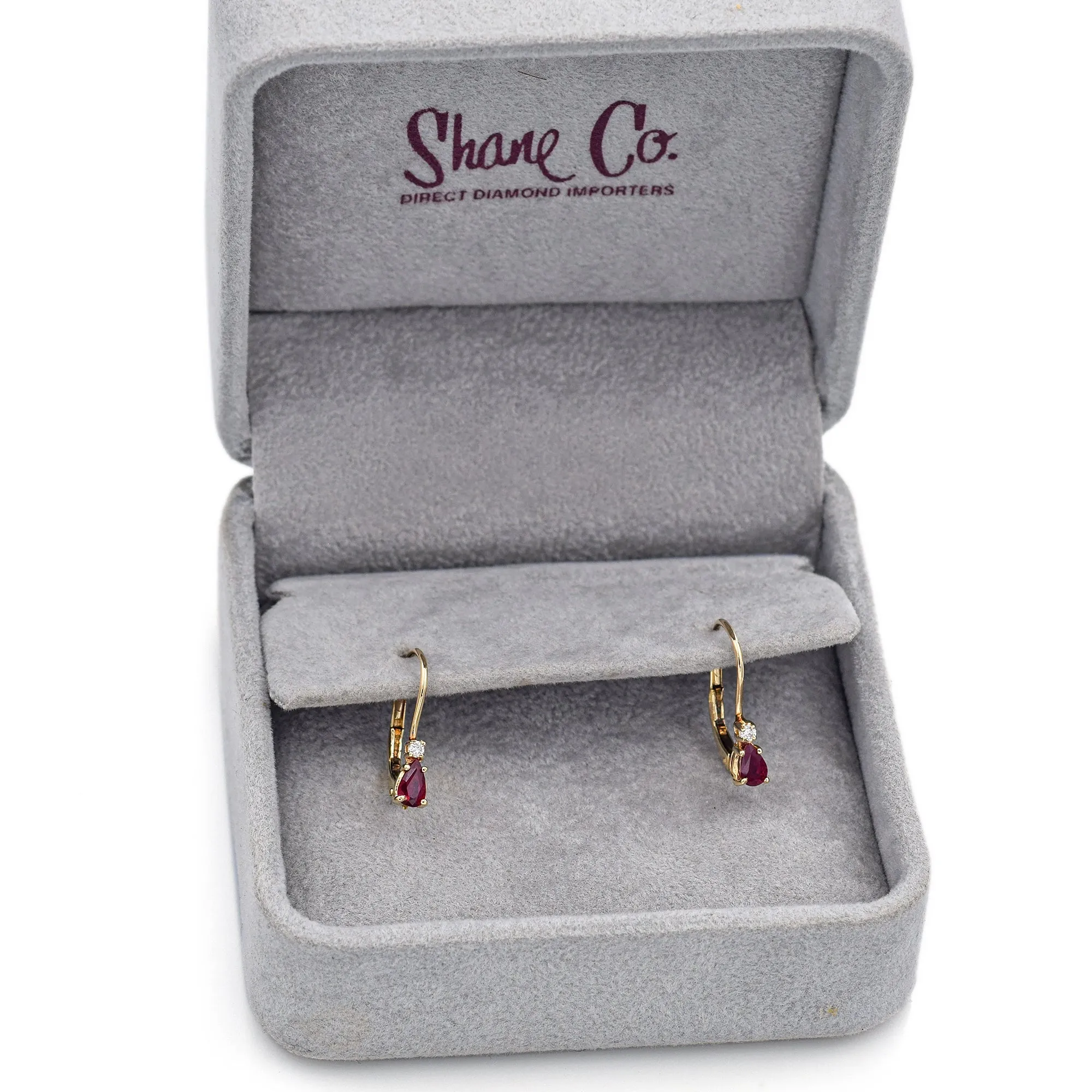 Estate 14K Yellow Gold Ruby & Diamond Leverback Dangle Earrings   Box