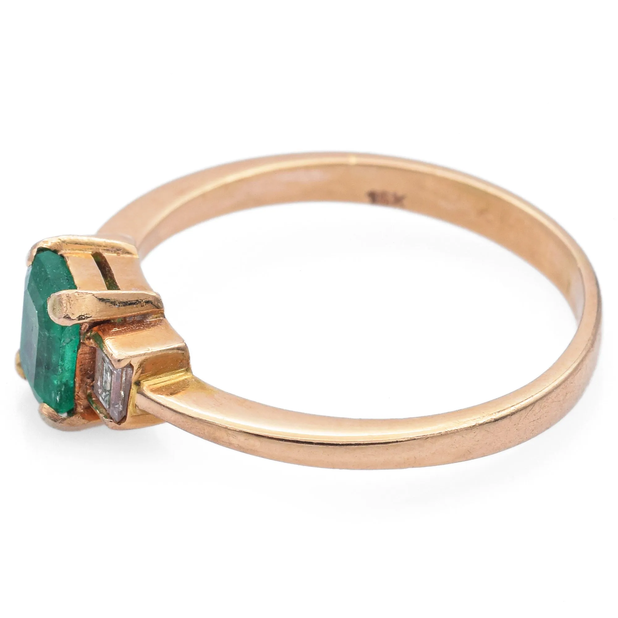 Estate 18K Yellow Gold Emerald & Diamond Three-Stone Band Ring Size 6