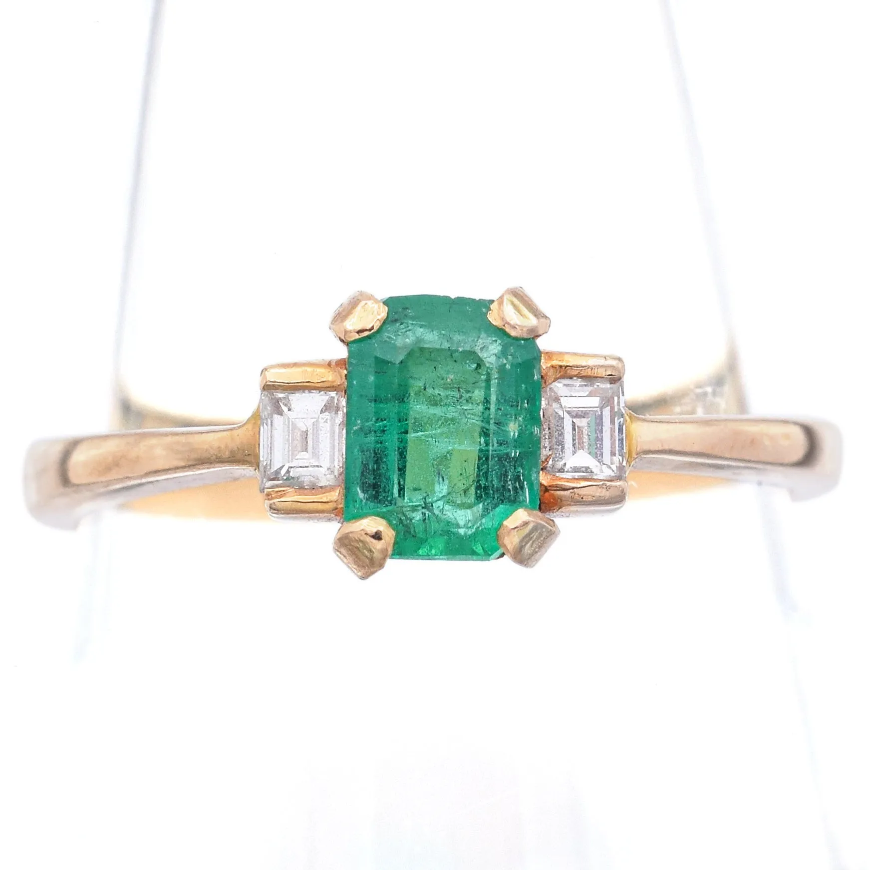 Estate 18K Yellow Gold Emerald & Diamond Three-Stone Band Ring Size 6