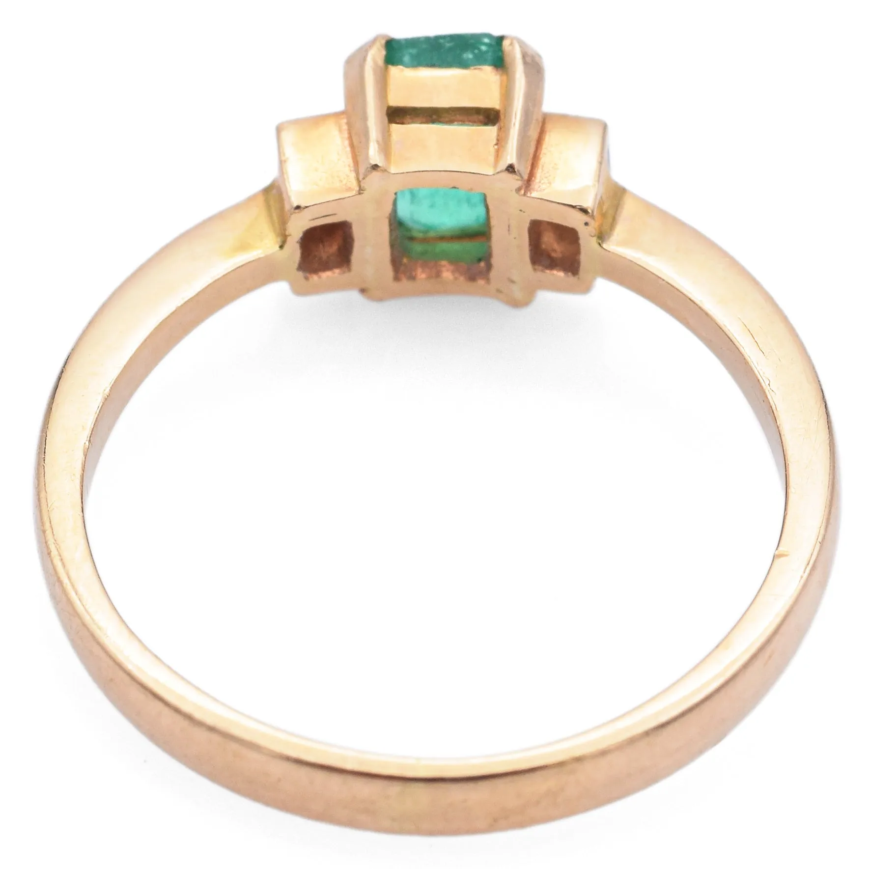 Estate 18K Yellow Gold Emerald & Diamond Three-Stone Band Ring Size 6