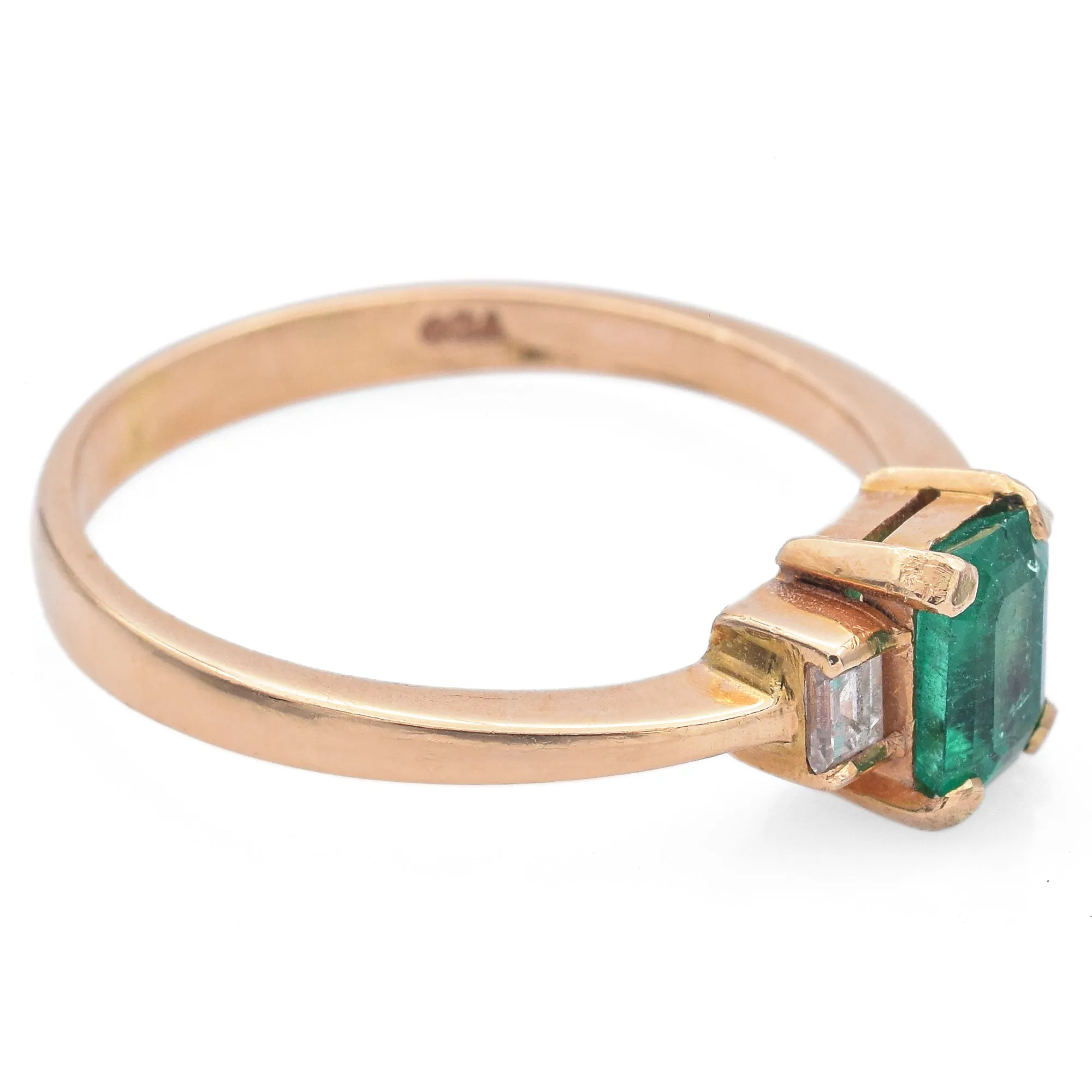 Estate 18K Yellow Gold Emerald & Diamond Three-Stone Band Ring Size 6