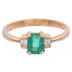 Estate 18K Yellow Gold Emerald & Diamond Three-Stone Band Ring Size 6