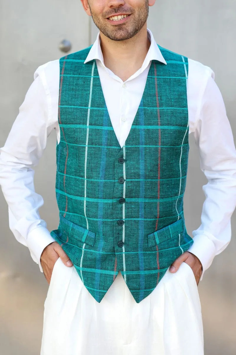 Green Checkered Linen Tango Vest