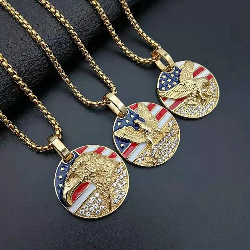 Iced  Flag＆Eagle  Round Enamel Pendant