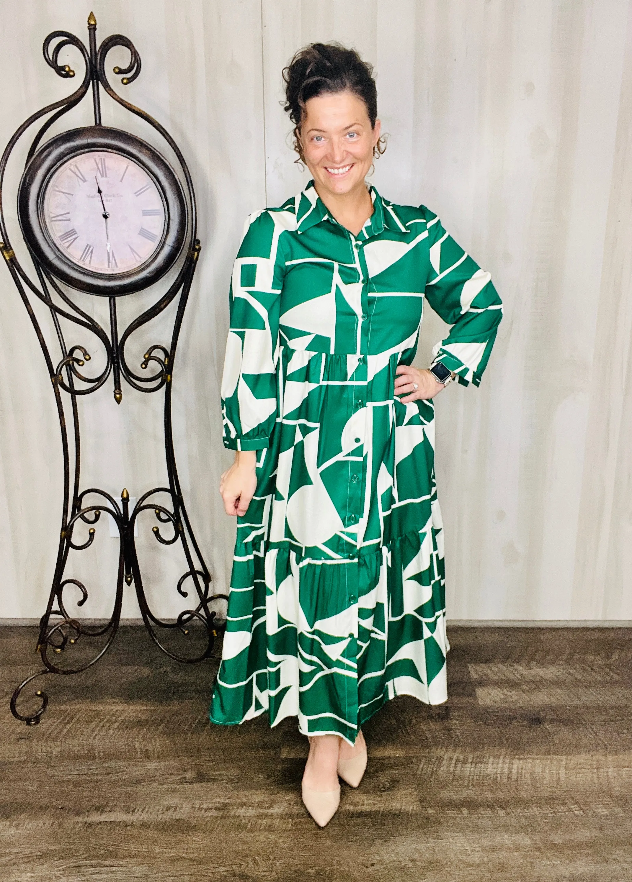 Julia Abstract Green & Ivory Dress