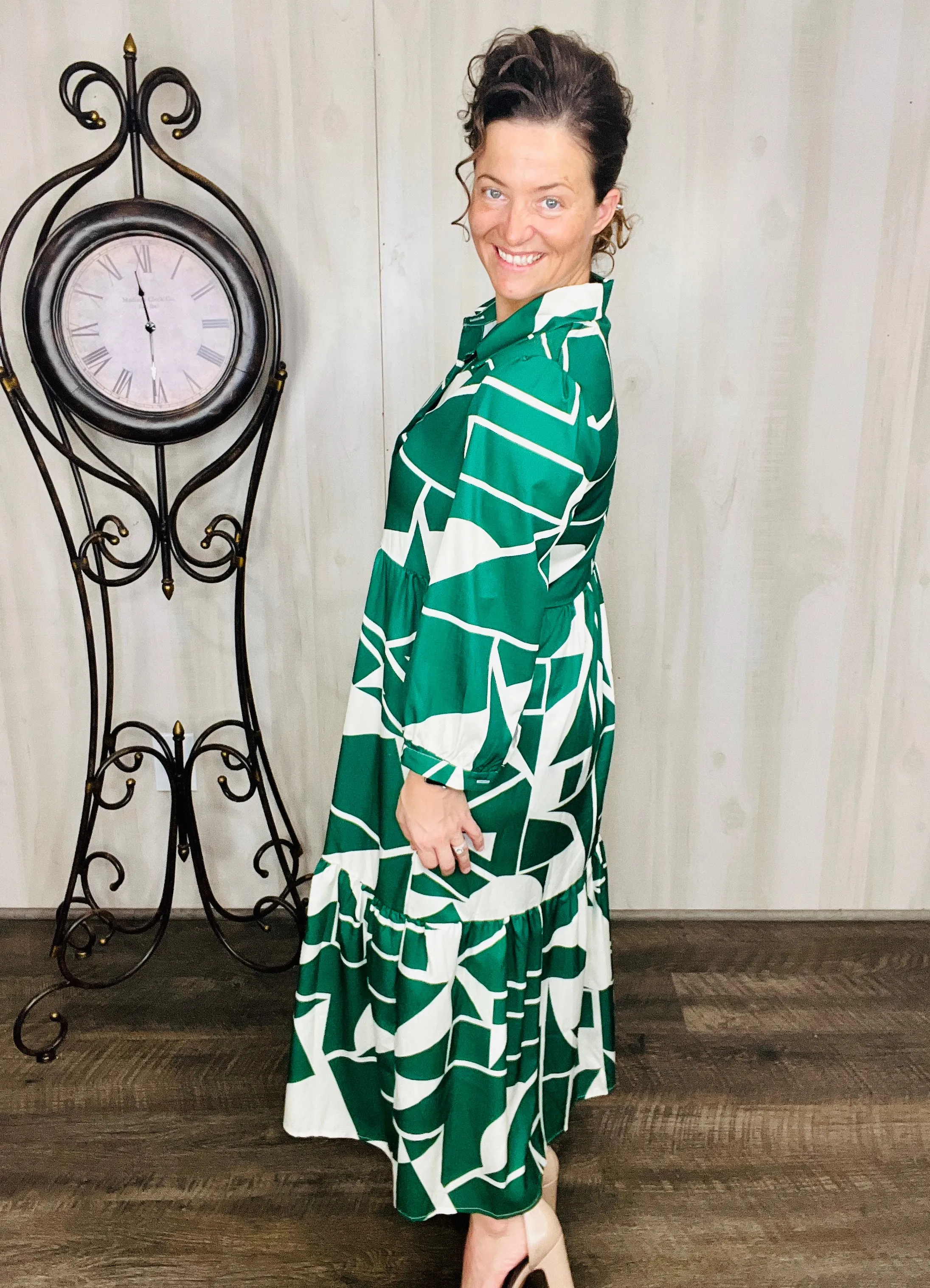 Julia Abstract Green & Ivory Dress