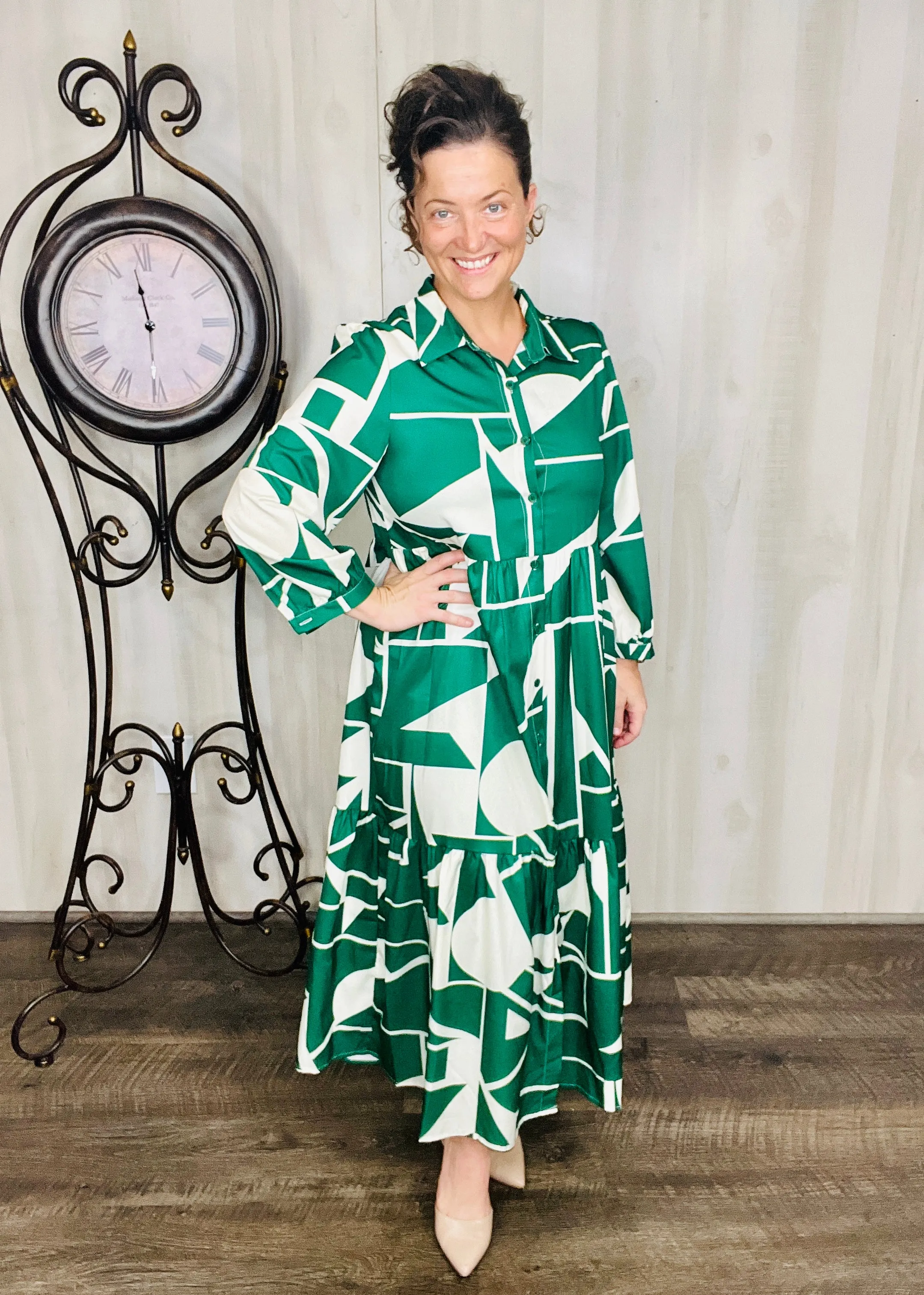 Julia Abstract Green & Ivory Dress