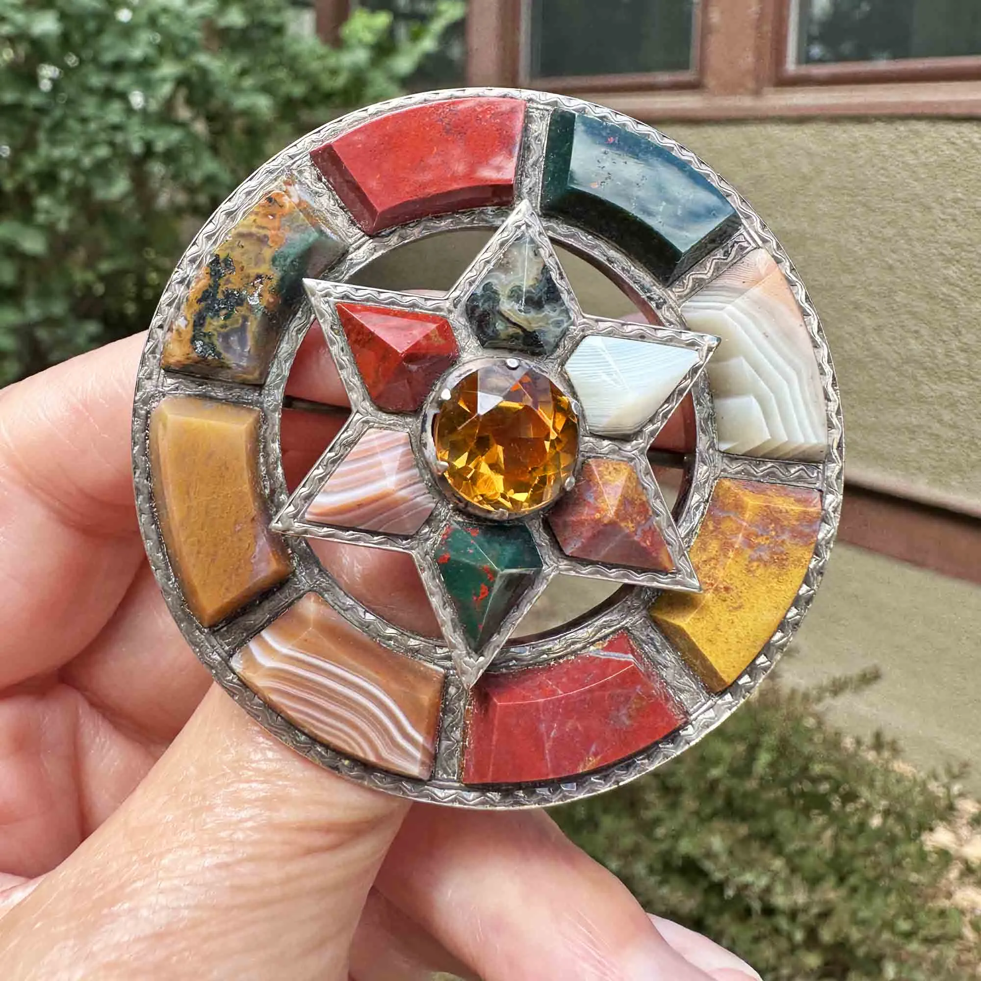 Large Antique Victorian Citrine Scottish Agate Star Brooch