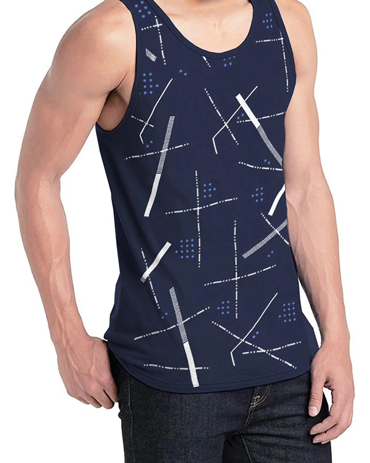 Men Abstact Printed Sleeveless Dark Blue Vest