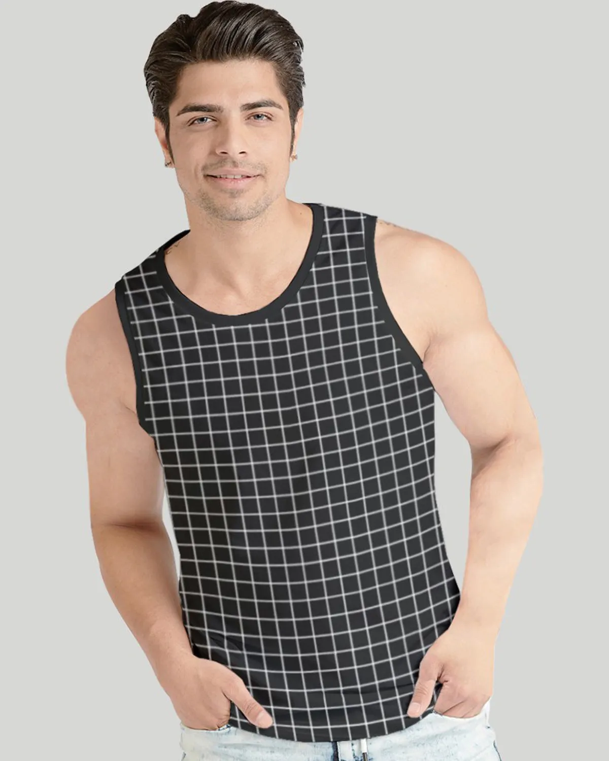 Men Checkered Black Printed Vest