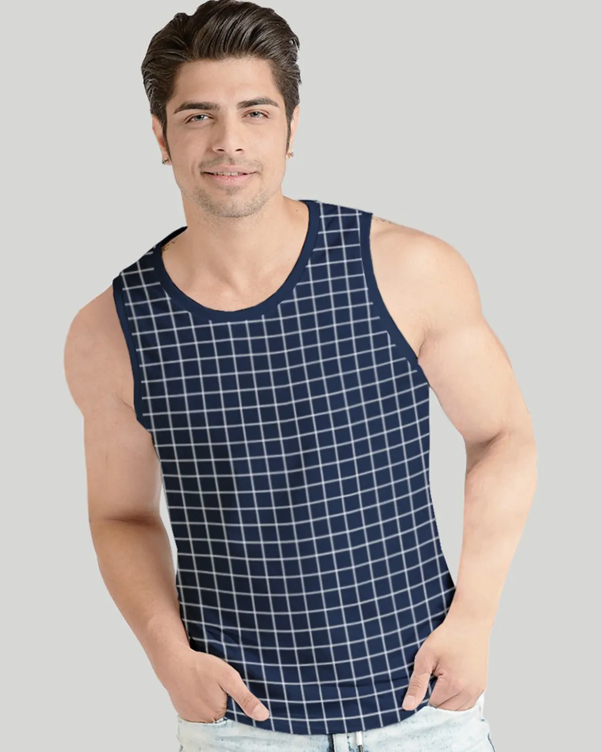 Men Checkered Navy Blue Printed Vest