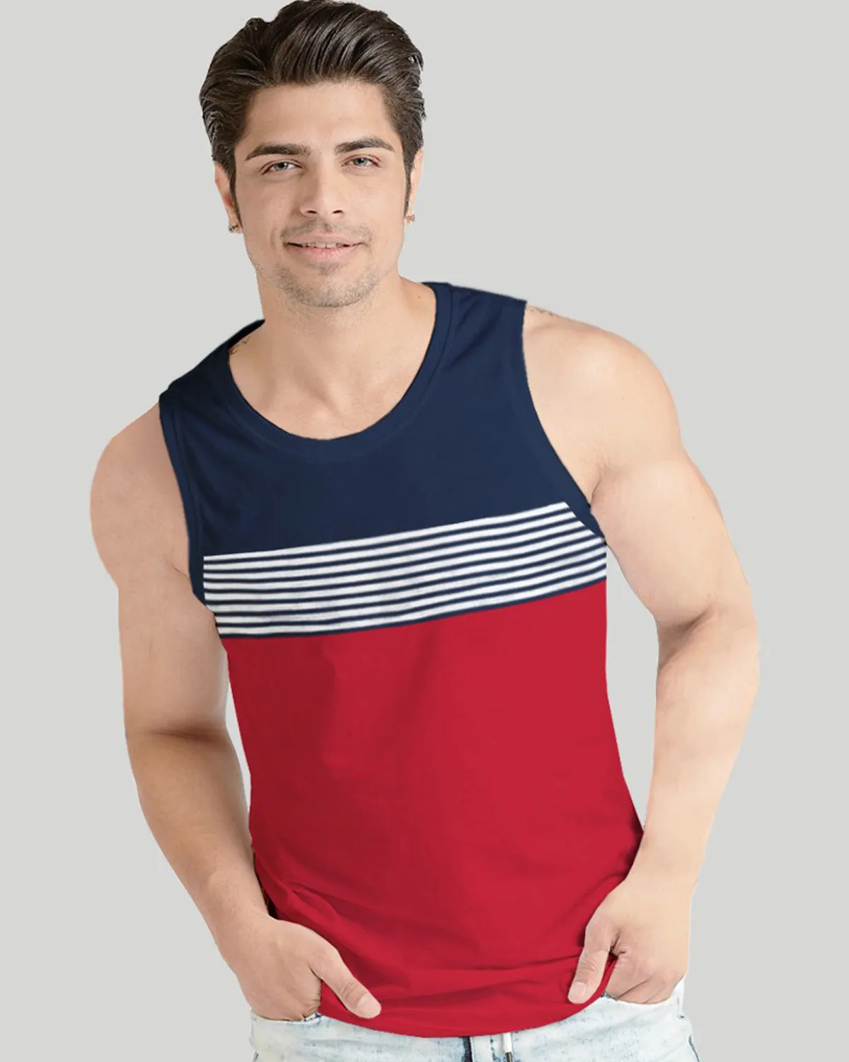 Men Navy-Red Striped Vest