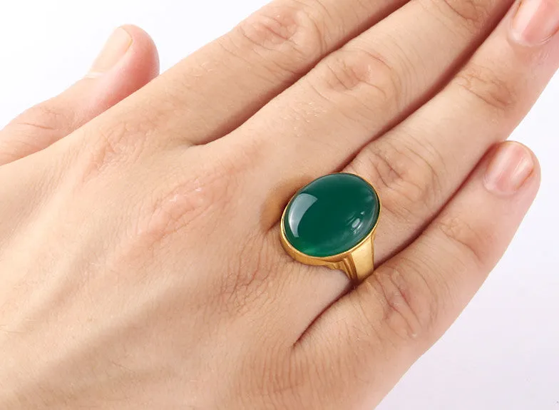 Men's Ring with Green Agate Natural Stone in 10k Yellow Gold, Artdeco Ring for Men