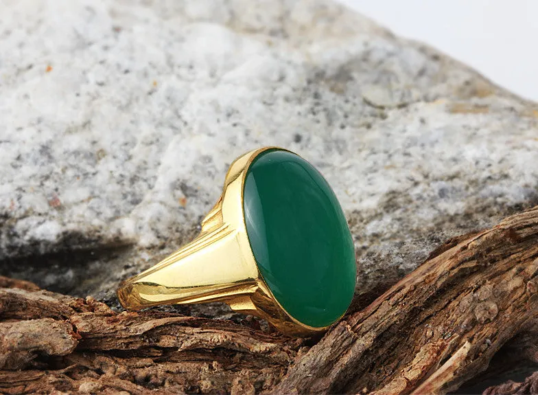 Men's Ring with Green Agate Natural Stone in 10k Yellow Gold, Artdeco Ring for Men