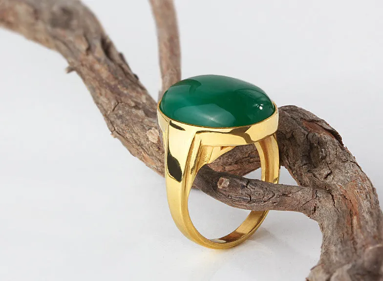 Men's Ring with Green Agate Natural Stone in 10k Yellow Gold, Artdeco Ring for Men