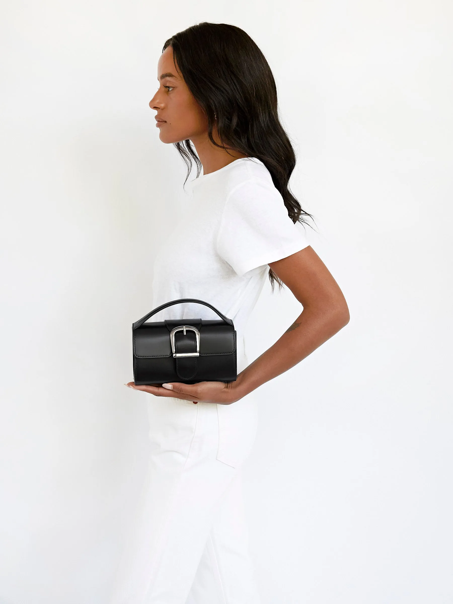 Mini Satchel Bag With Silver Buckle And Flat Handle