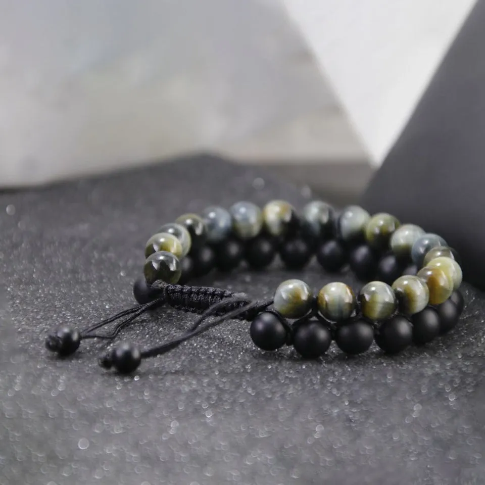 Natural Gemstone Double Bracelet for Men Black Onyx & Tiger Eye