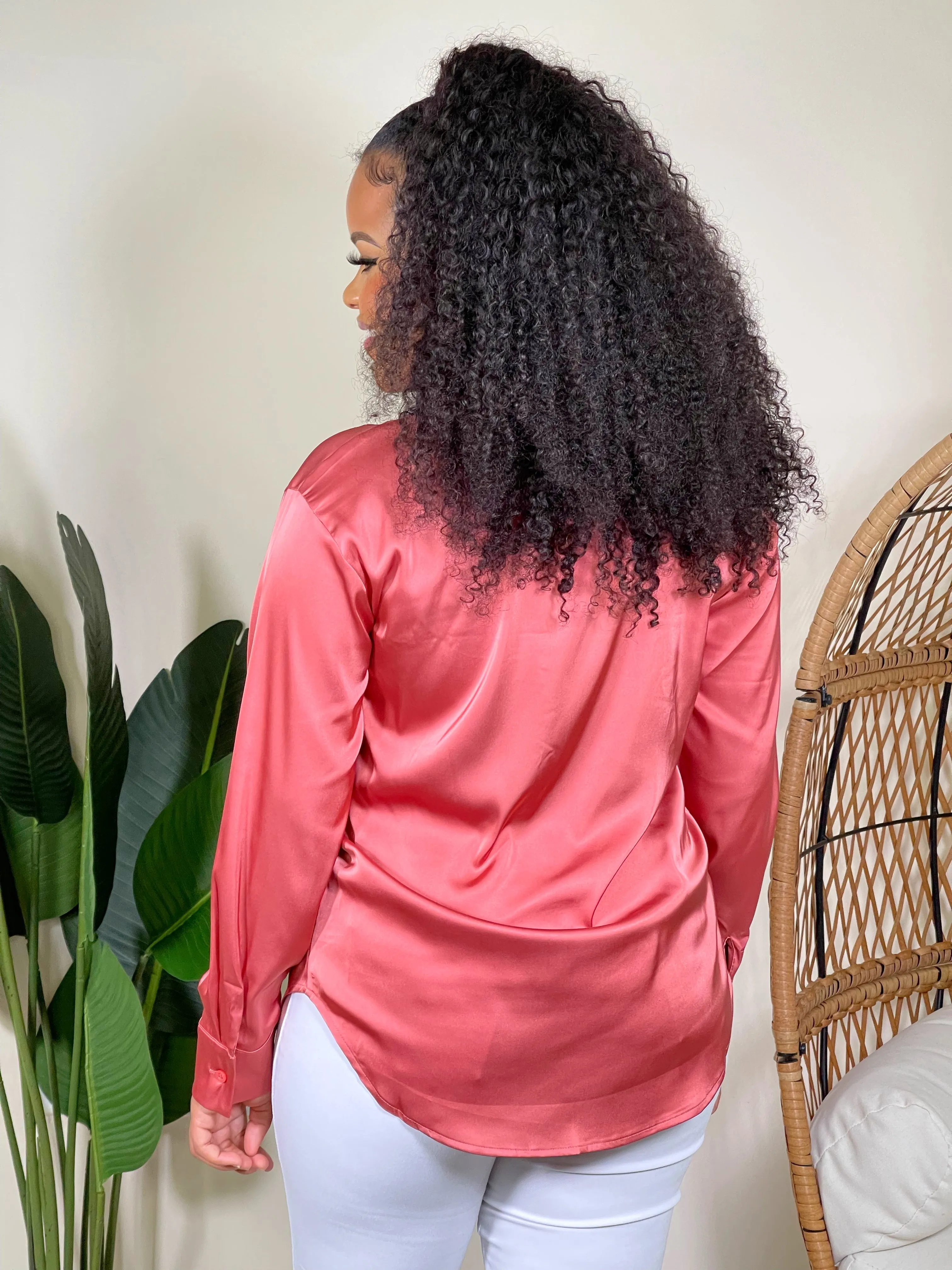 Nova Satin Button Front Shirt-Ash Rose