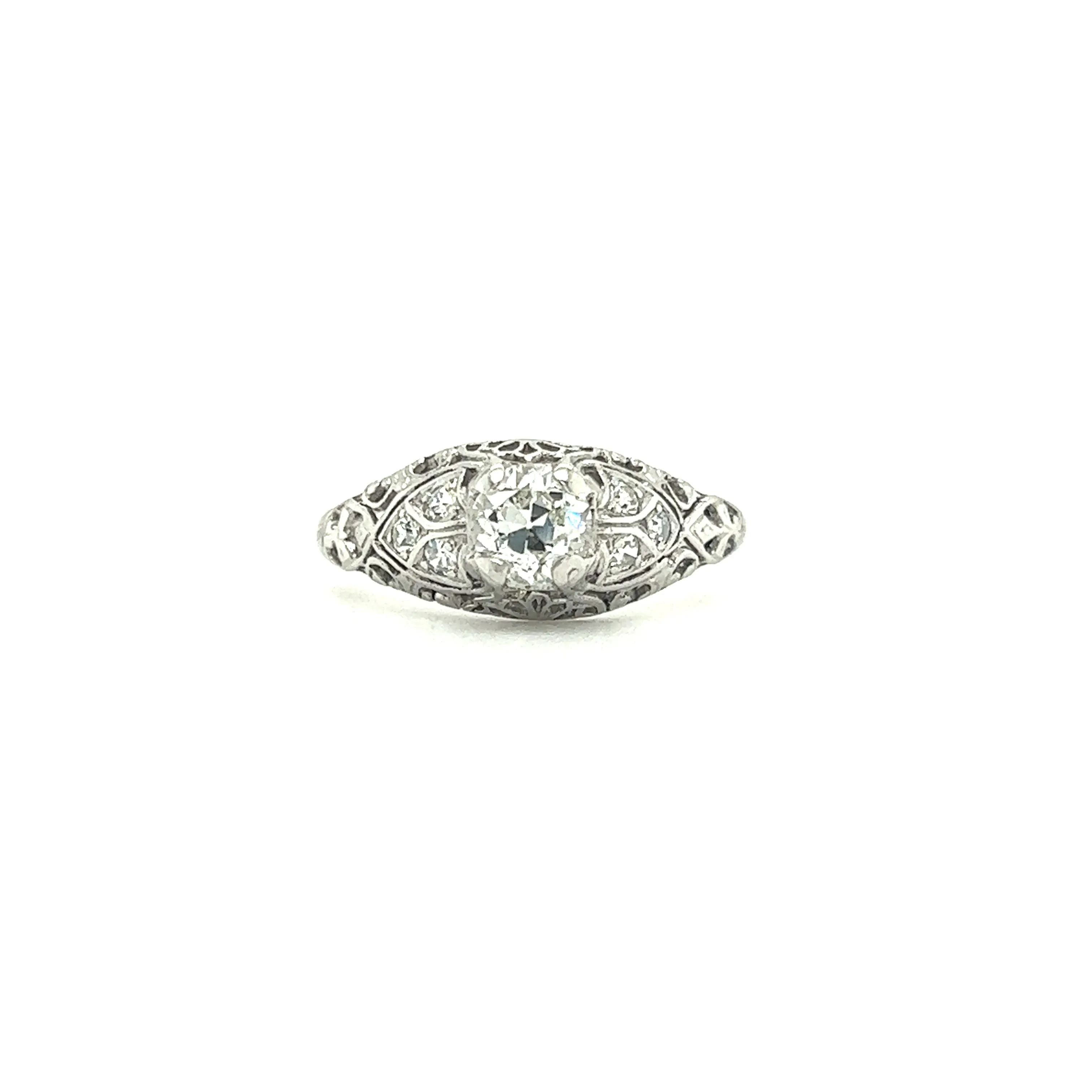 Old European-Cut Diamond Ring with Six Side Diamonds in Platinum