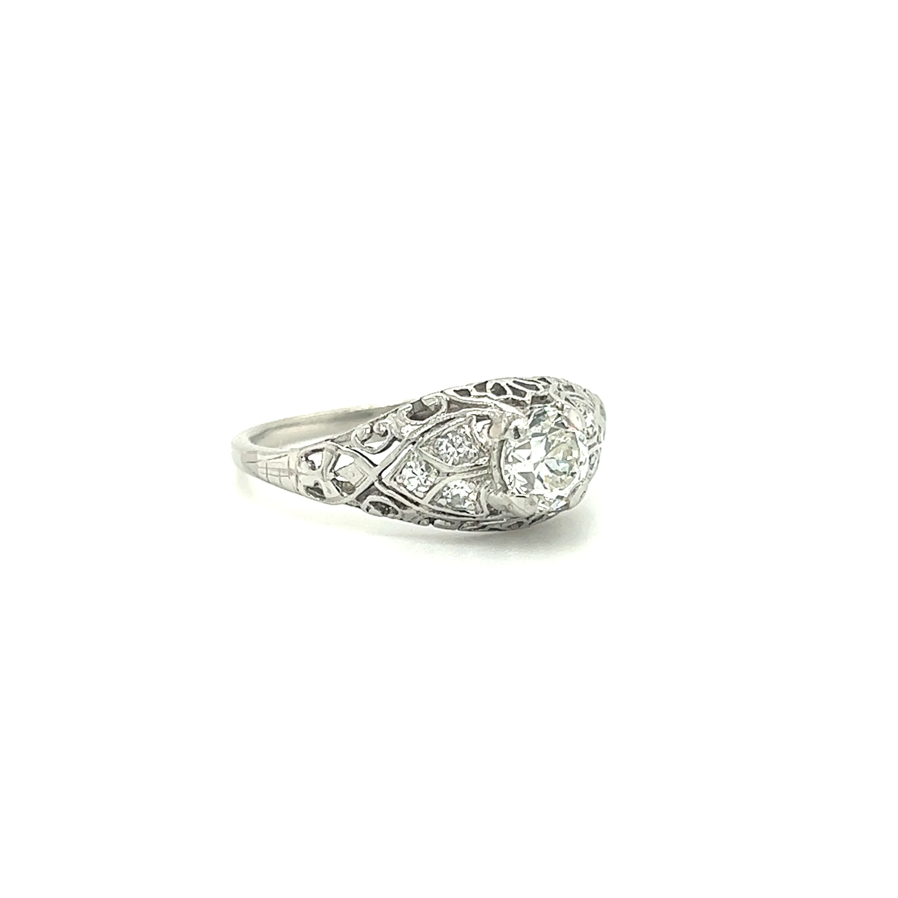 Old European-Cut Diamond Ring with Six Side Diamonds in Platinum