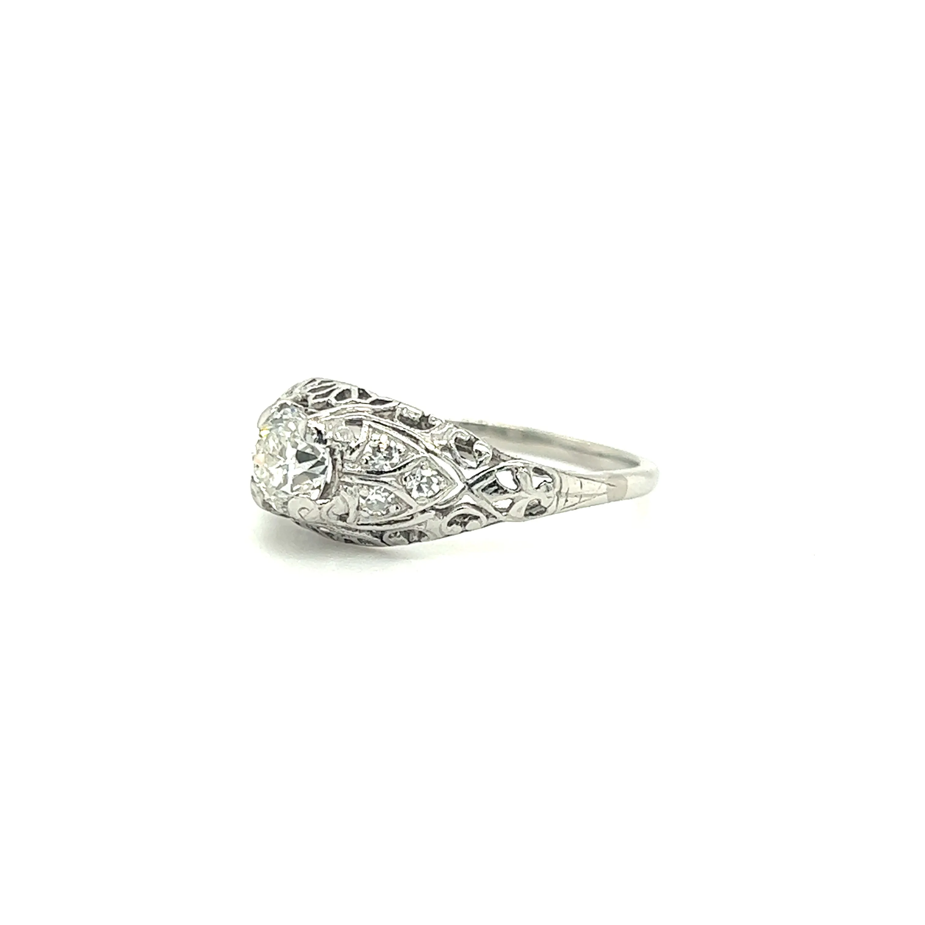 Old European-Cut Diamond Ring with Six Side Diamonds in Platinum