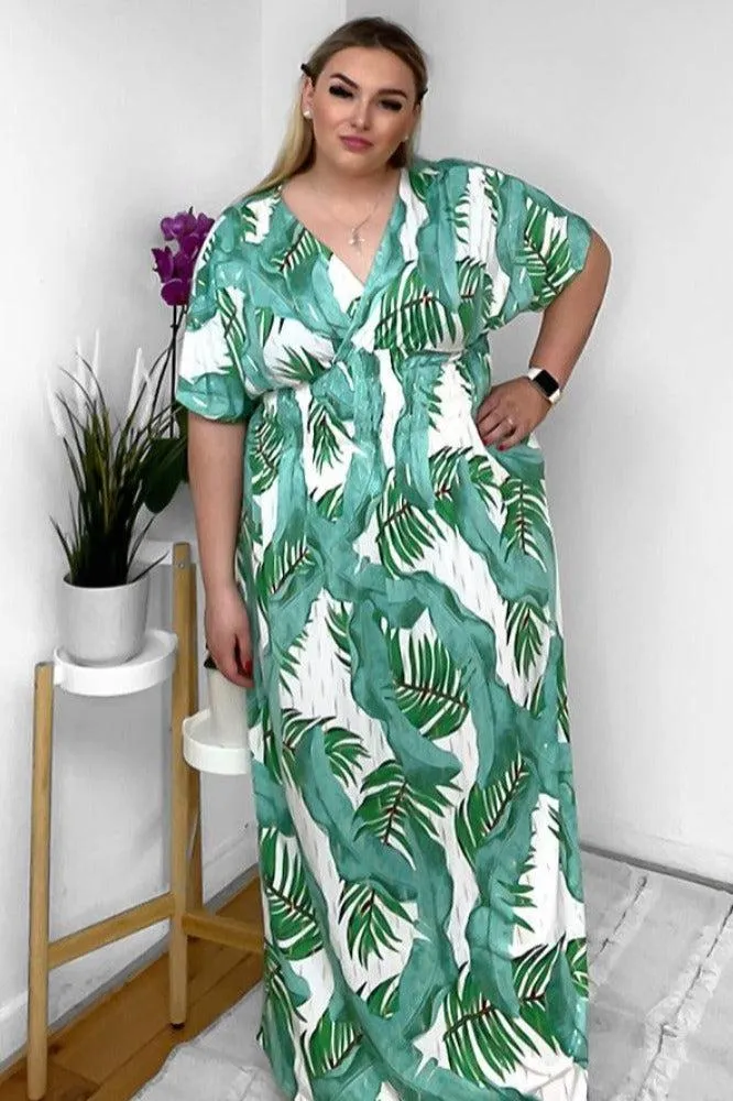 Palm Leaves Print Shirred Waist Maxi Dress