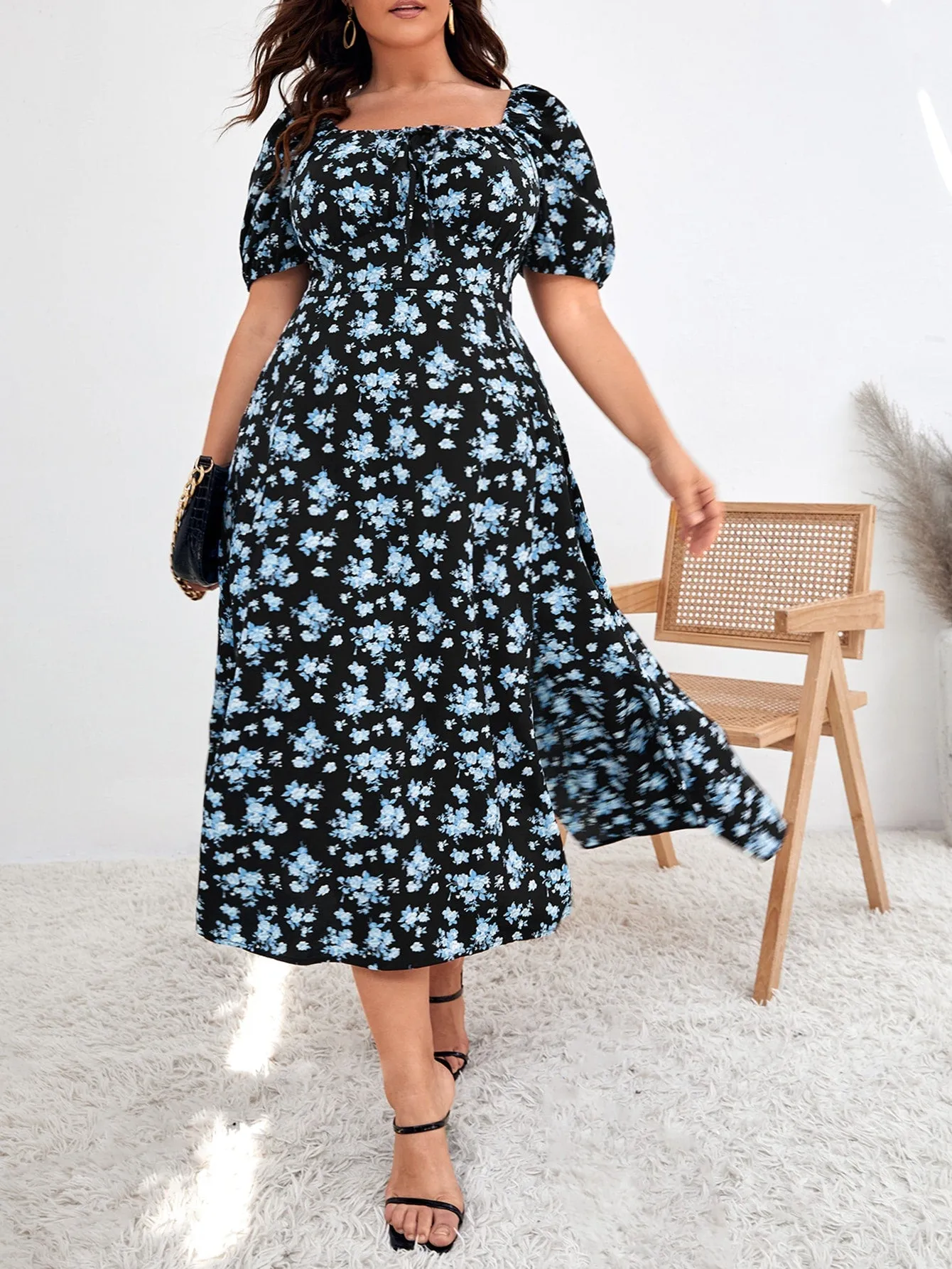 Plus Floral Print Puff Sleeve Knot Front Split Thigh Dress