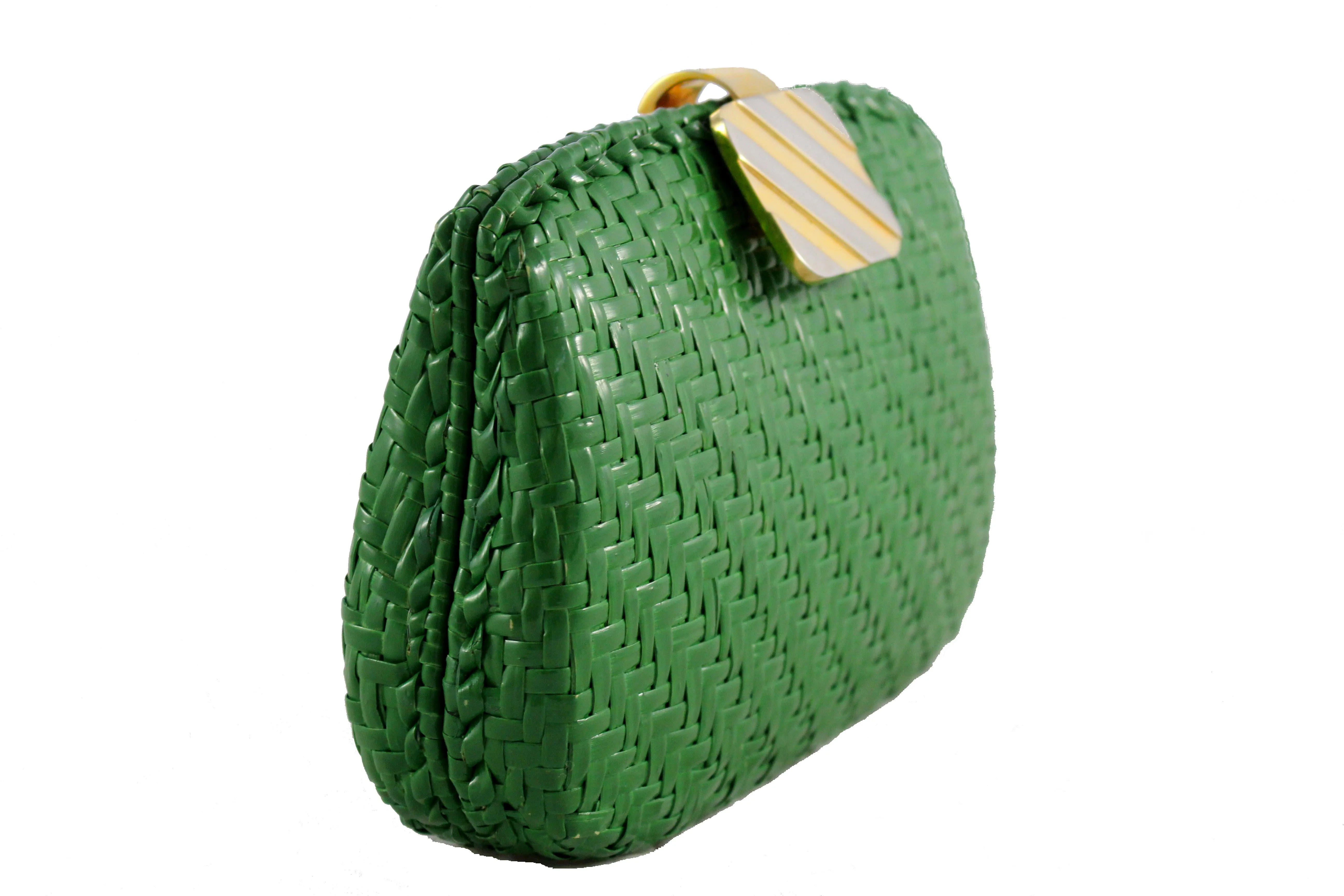 RODO green wicker clutch with gold and silver clasp