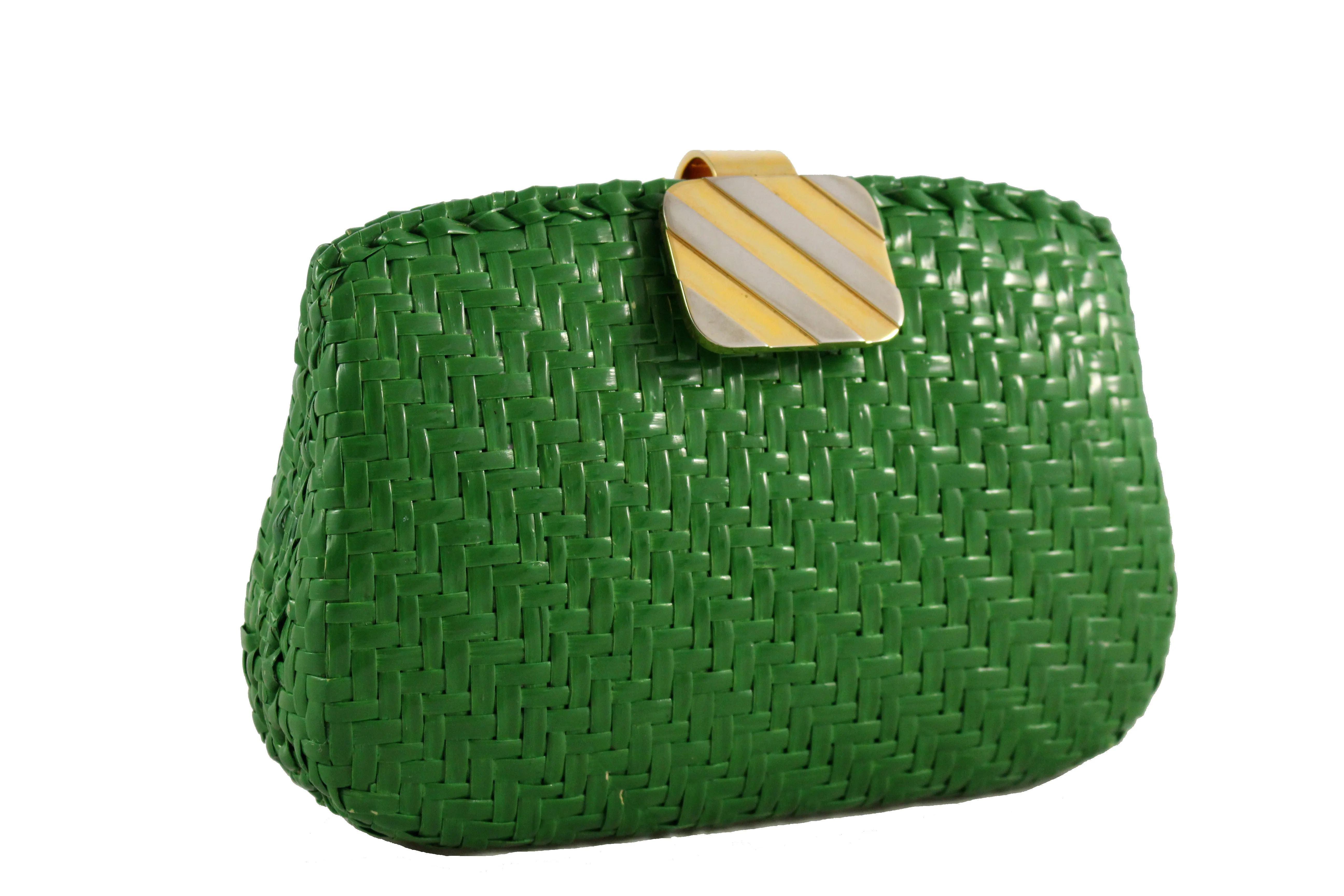 RODO green wicker clutch with gold and silver clasp