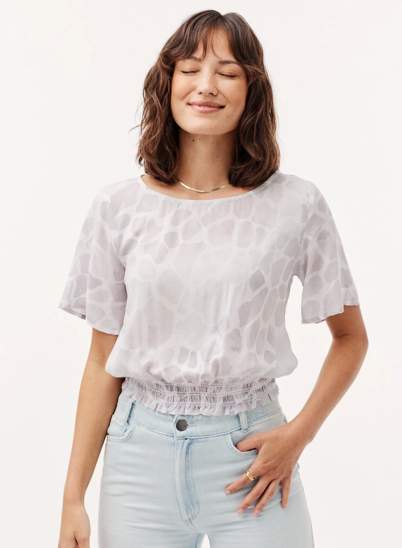 Smocked Waist Short Sleeve Top  - Sand Stone Print