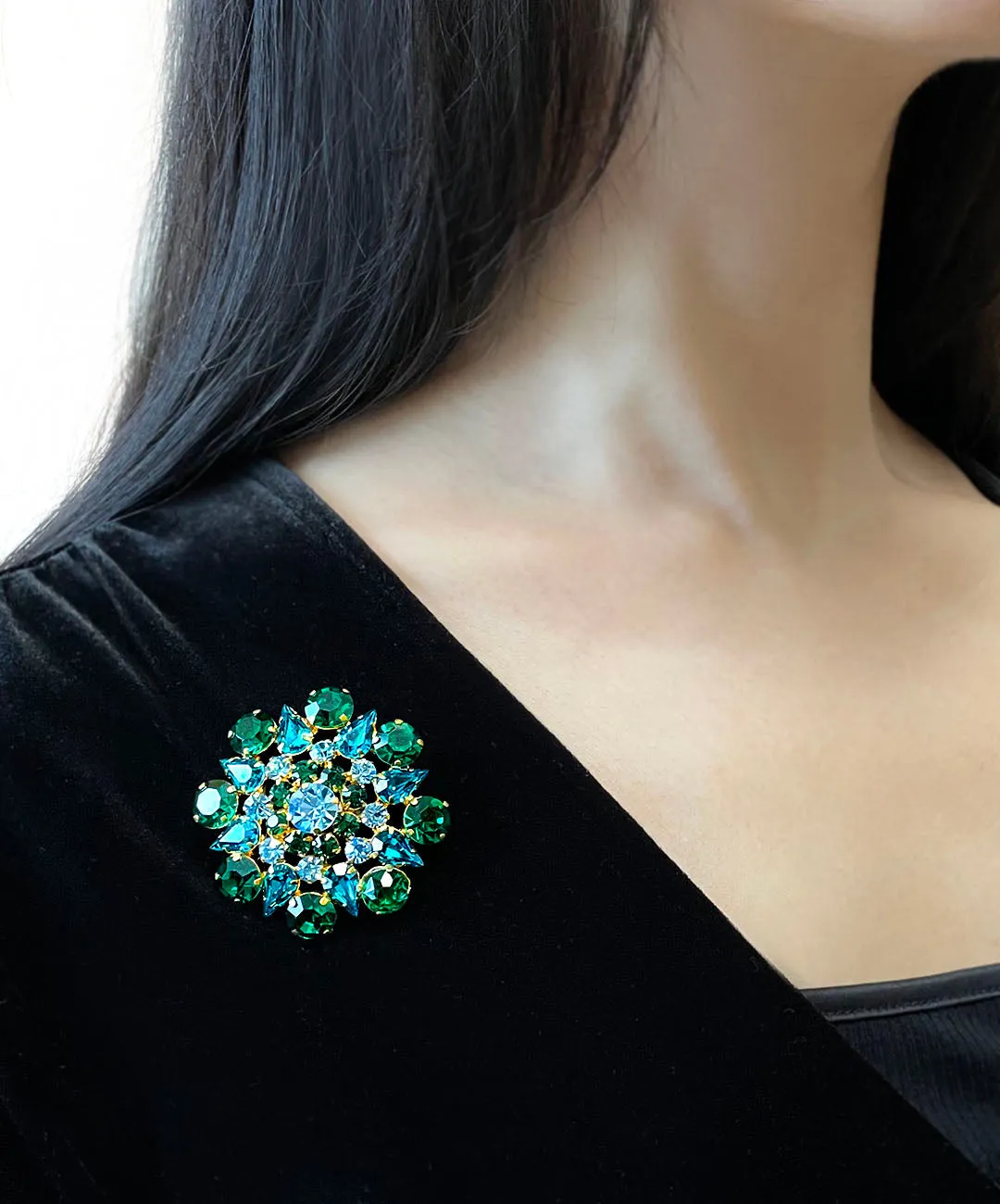 【USA輸入】ヴィンテージ エメラルドグリーン ピーコック アクアブルー ビジュー ブローチ/Vintage Green Blue Bijou Brooch