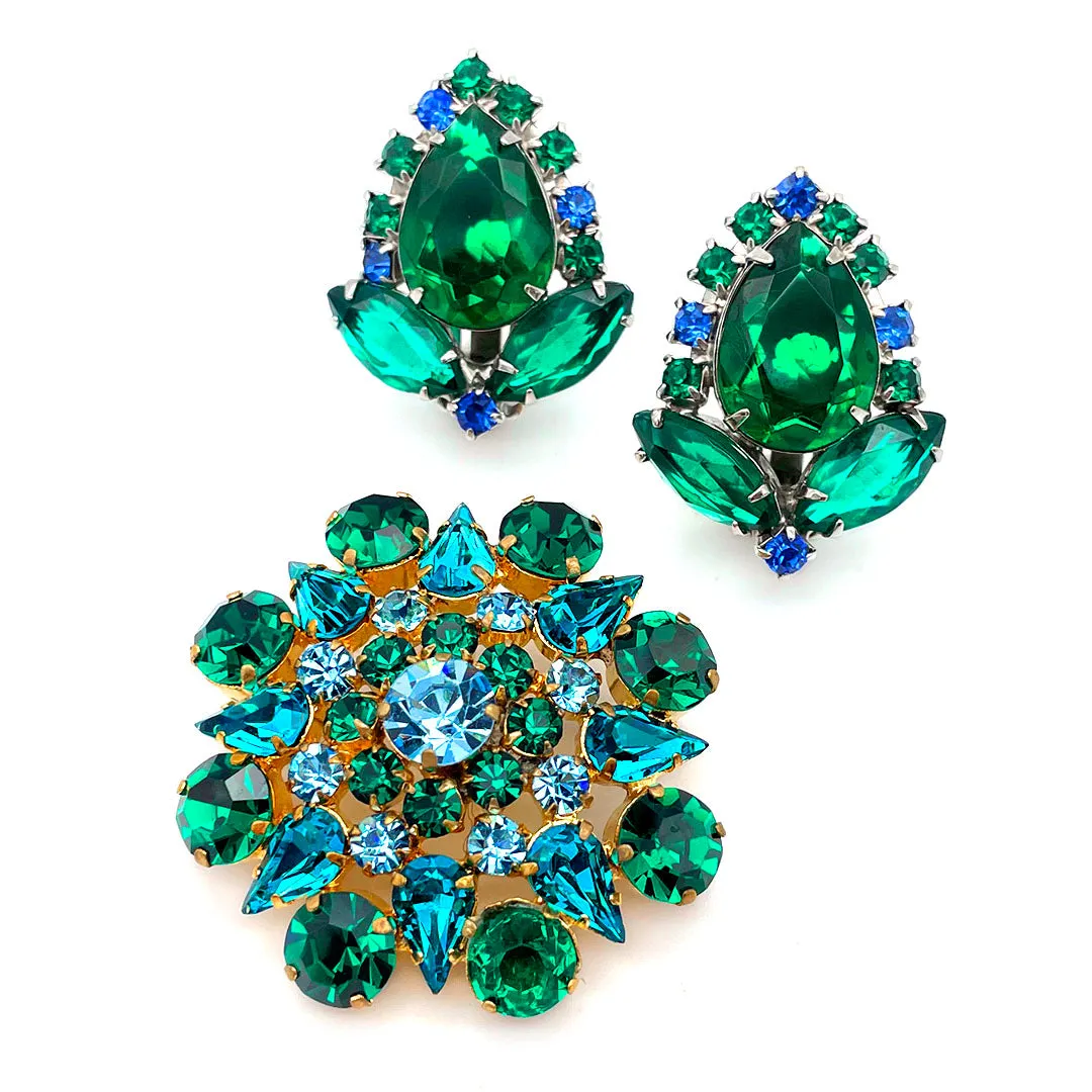 【USA輸入】ヴィンテージ エメラルドグリーン ピーコック アクアブルー ビジュー ブローチ/Vintage Green Blue Bijou Brooch