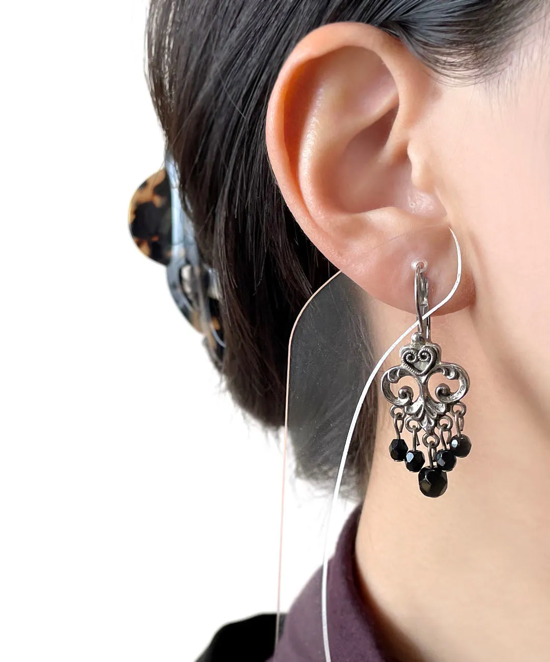 【USA輸入】ヴィンテージ オープンワーク ブラックビジュー ピアス/Vintage Openwork Black Bijou Post Earrings