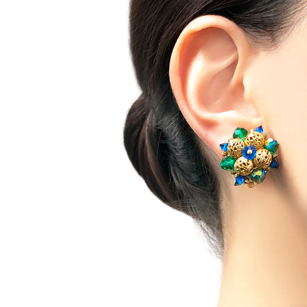 【USA輸入】ヴィンテージ ブルー グリーン クラスター イヤリング/Vintage Blue Green Cluster Clip On Earrings