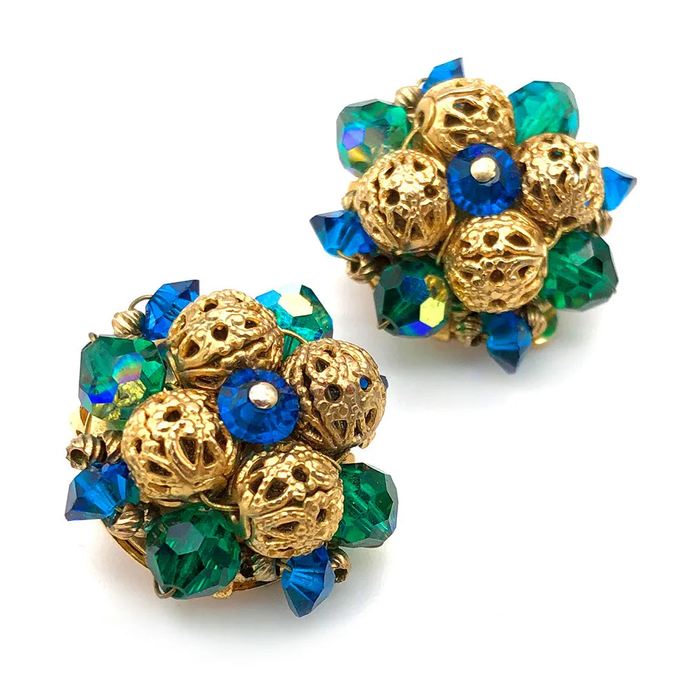 【USA輸入】ヴィンテージ ブルー グリーン クラスター イヤリング/Vintage Blue Green Cluster Clip On Earrings