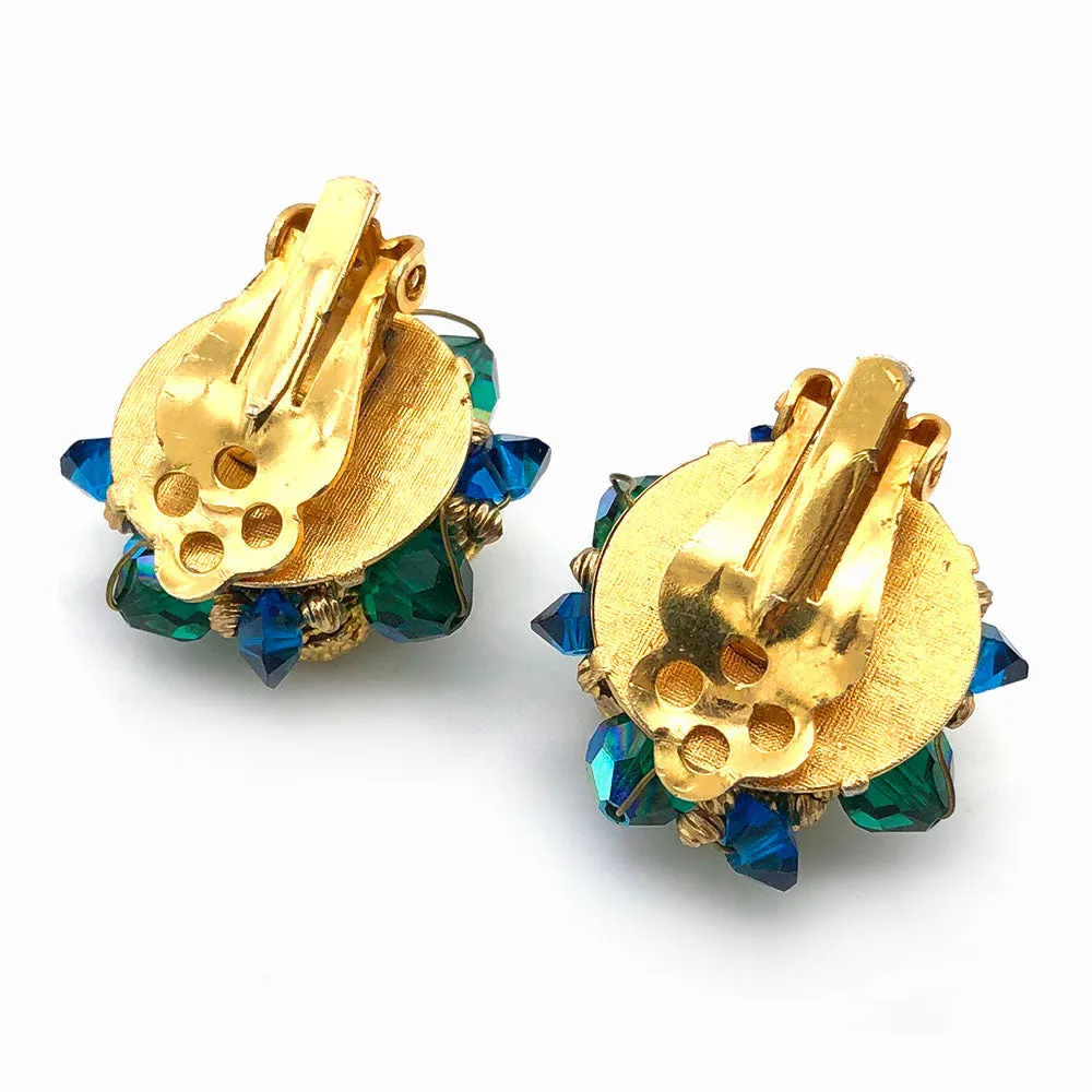 【USA輸入】ヴィンテージ ブルー グリーン クラスター イヤリング/Vintage Blue Green Cluster Clip On Earrings