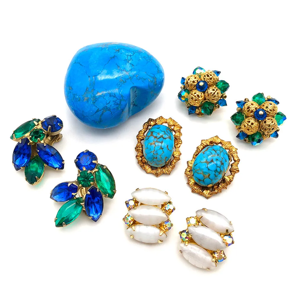 【USA輸入】ヴィンテージ ブルー グリーン クラスター イヤリング/Vintage Blue Green Cluster Clip On Earrings