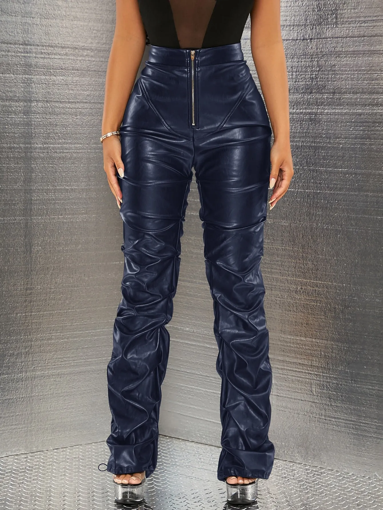 Zip Up Ruched Patent Pants