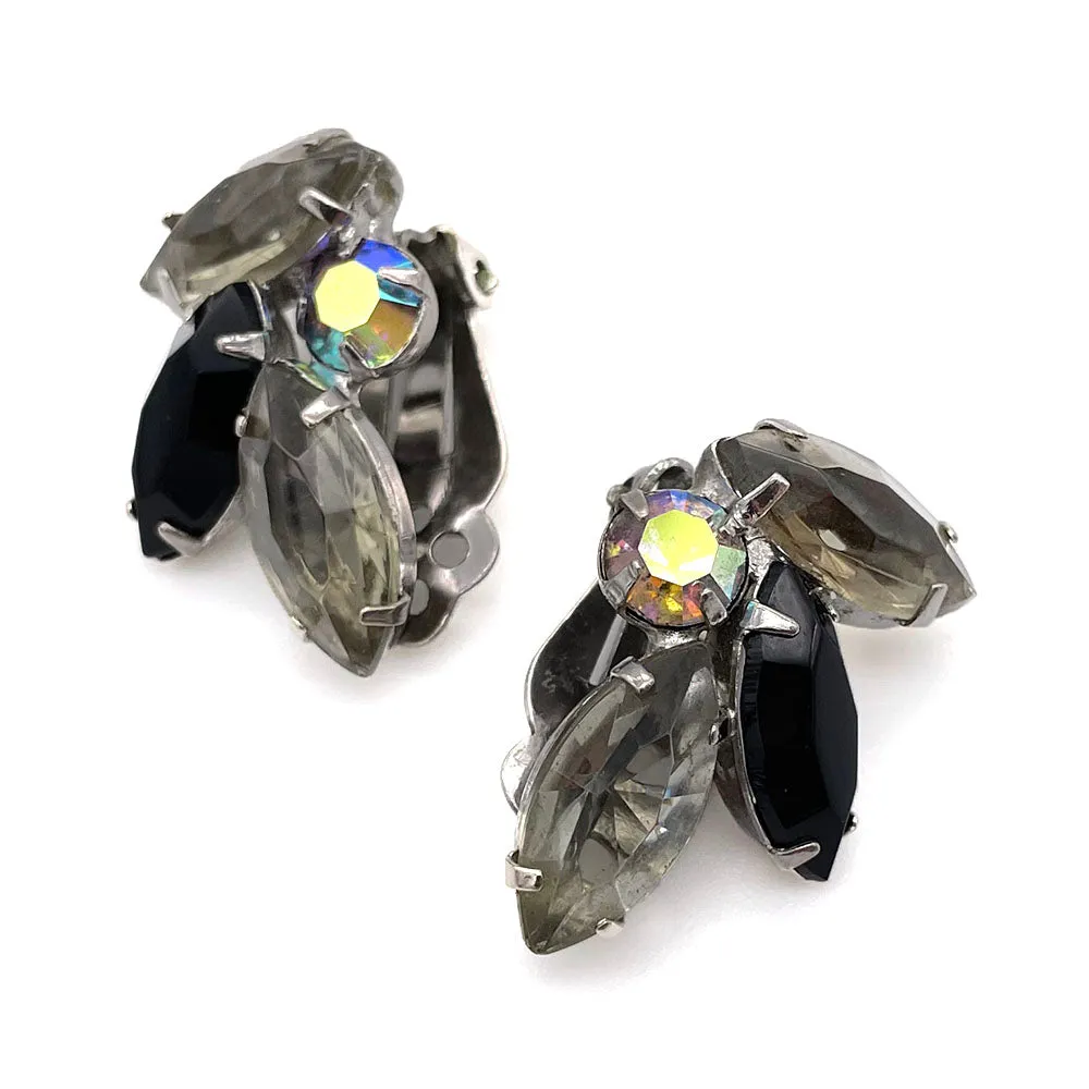 【カナダ輸入】ヴィンテージ グレー ブラック オーロラ ビジュー イヤリング/Vintage Gray Black Aurora Clip On Earrings