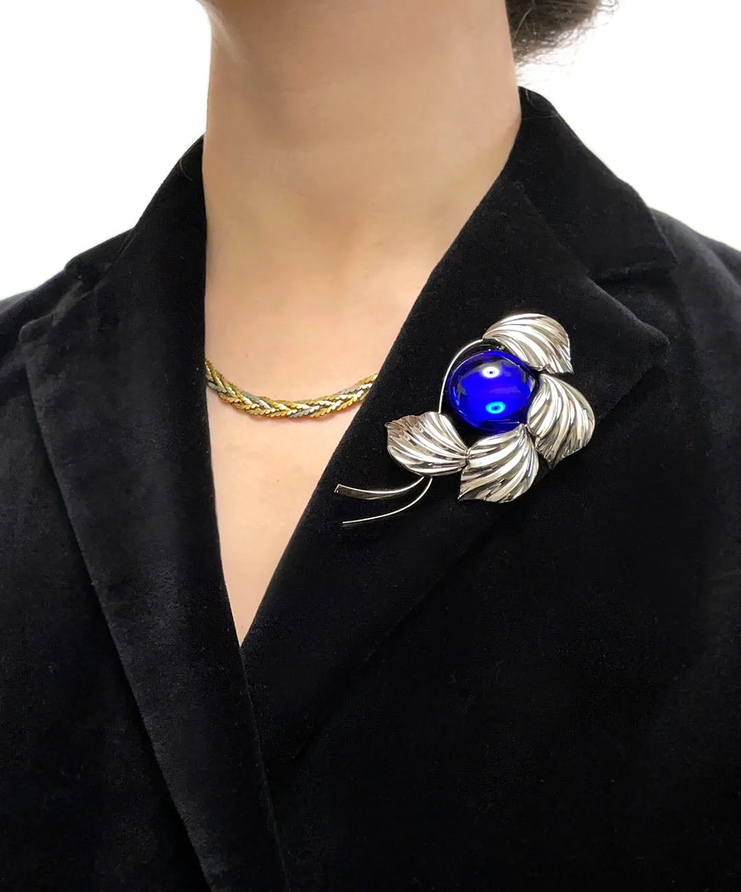 【ドイツ買付】ヴィンテージ SEIBOTH ロイヤルブルー カボション リーフ ブローチ/Vintage SEIBOTH Blue Cabochon Brooch