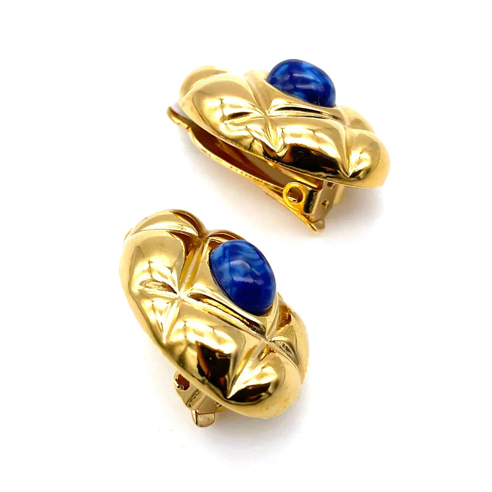 【フランス輸入】ヴィンテージ SPHINX for CAURA ブルー カボション イヤリング/Vintage SPHINX for CAURA Blue Cabochon Clip On Earrings