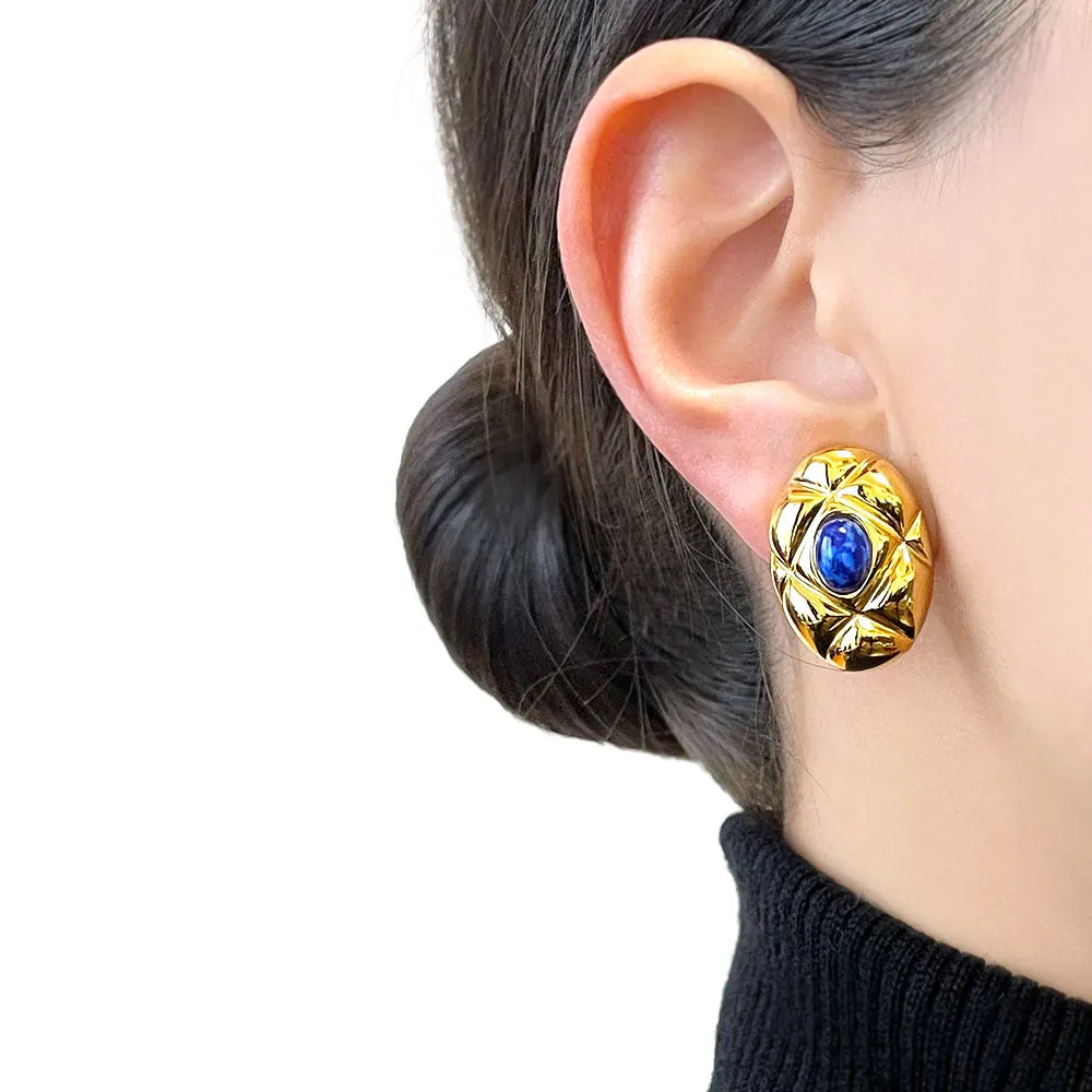 【フランス輸入】ヴィンテージ SPHINX for CAURA ブルー カボション イヤリング/Vintage SPHINX for CAURA Blue Cabochon Clip On Earrings